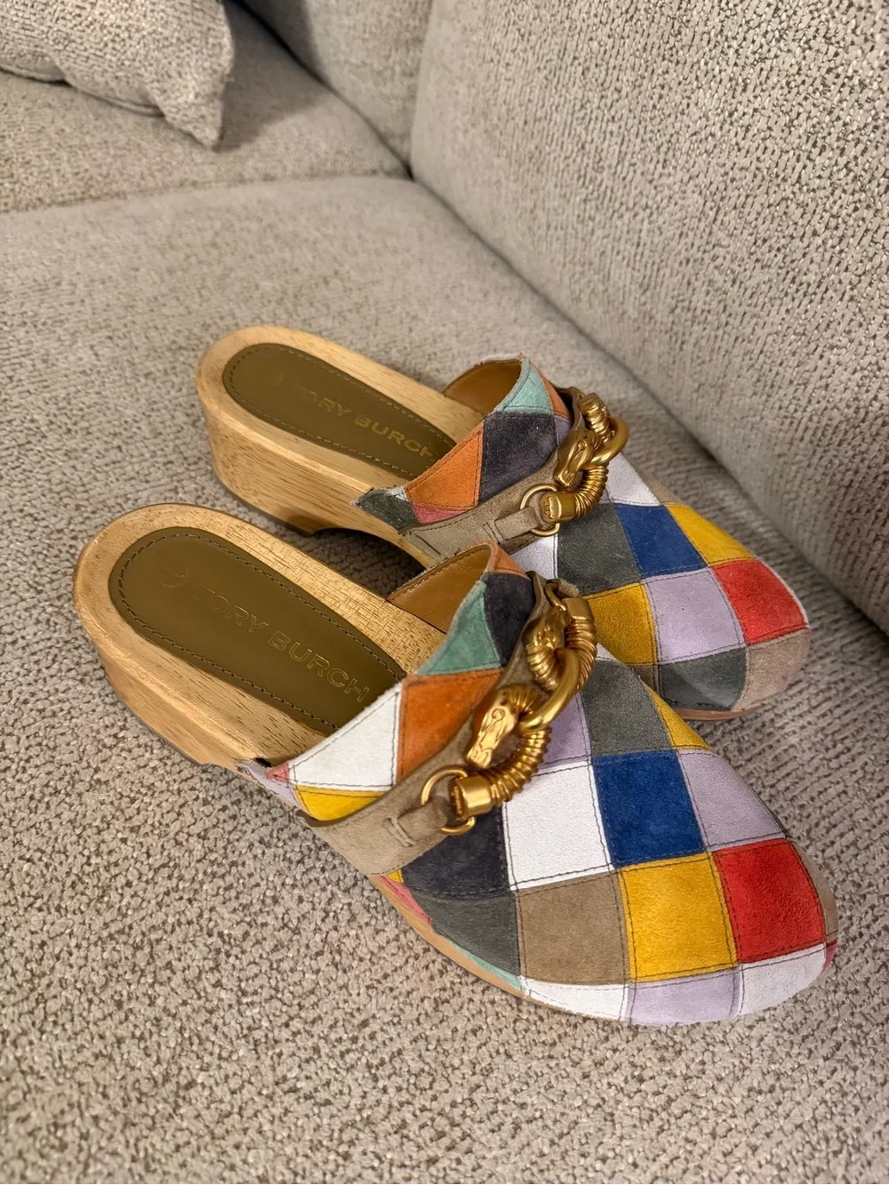 Tory Burch Jessa Patchwork Suede Clog Sandals Size 9
